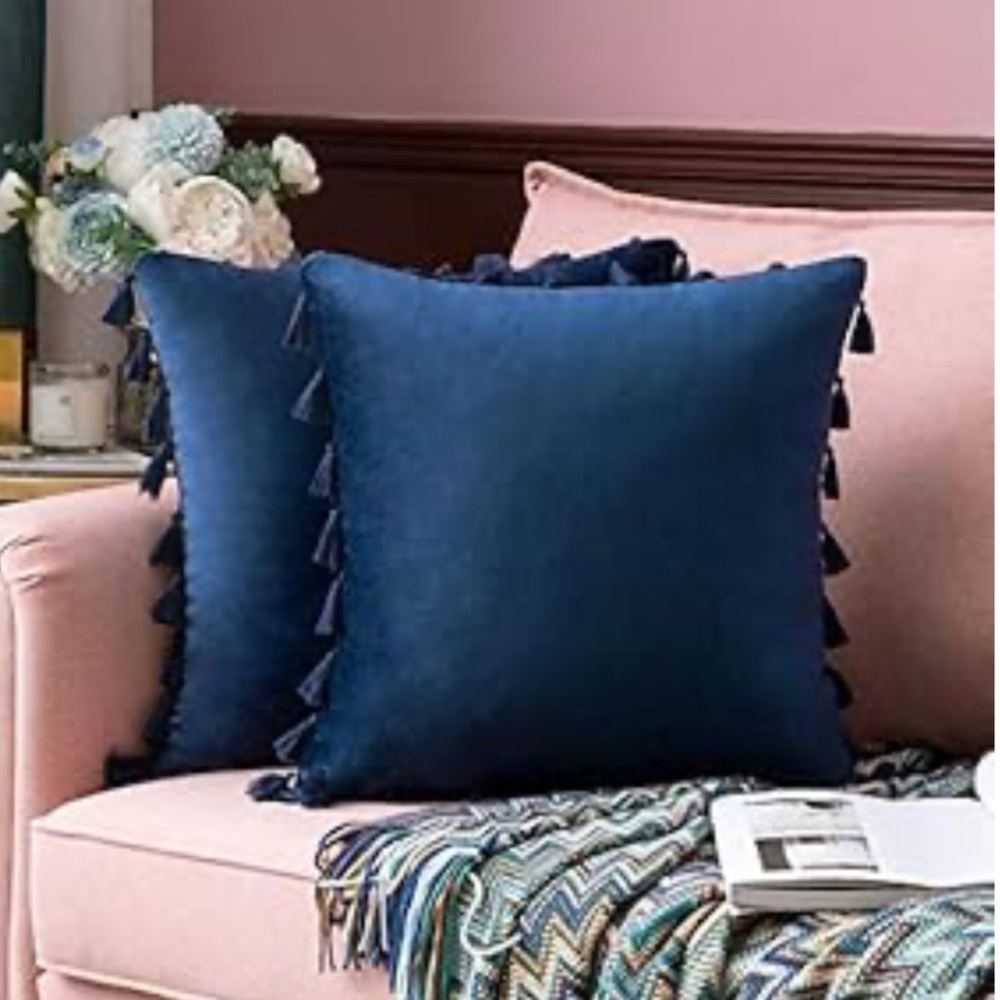 Elegant Blue Tassel Throw Pillow Set